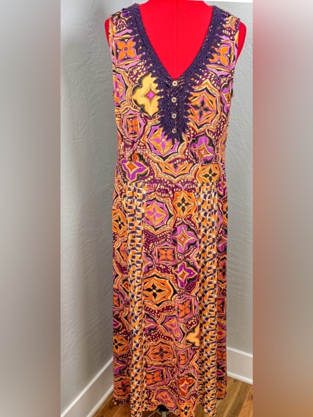 Joe Browns Sleeveless Boho Purple Orange Geometric Print Maxi Dress Size 14